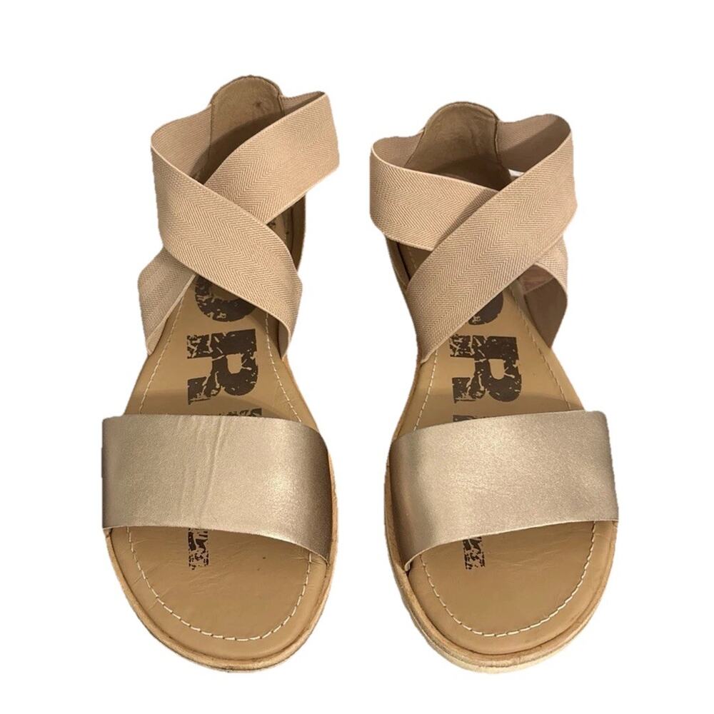 Sorel Ella Sandals Size 8 Gold Tan Leather Cross Ankle Strap Strappy Summer